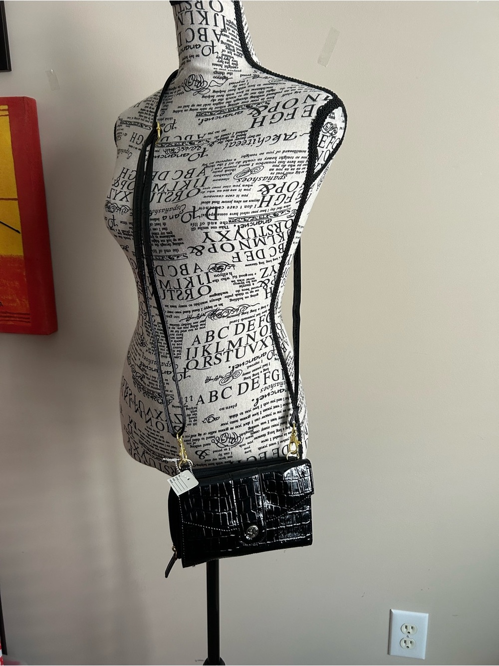 Croc-Embossed Black Crossbody Bag - Women